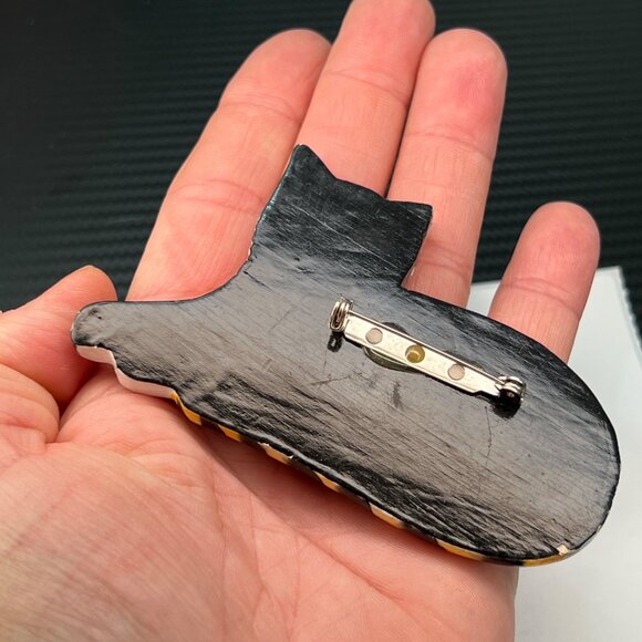 Vintage Handcrafted Wooden Cat Kitty Artisan Brooch Pin Orange Black Striped - Picture 5 of 7